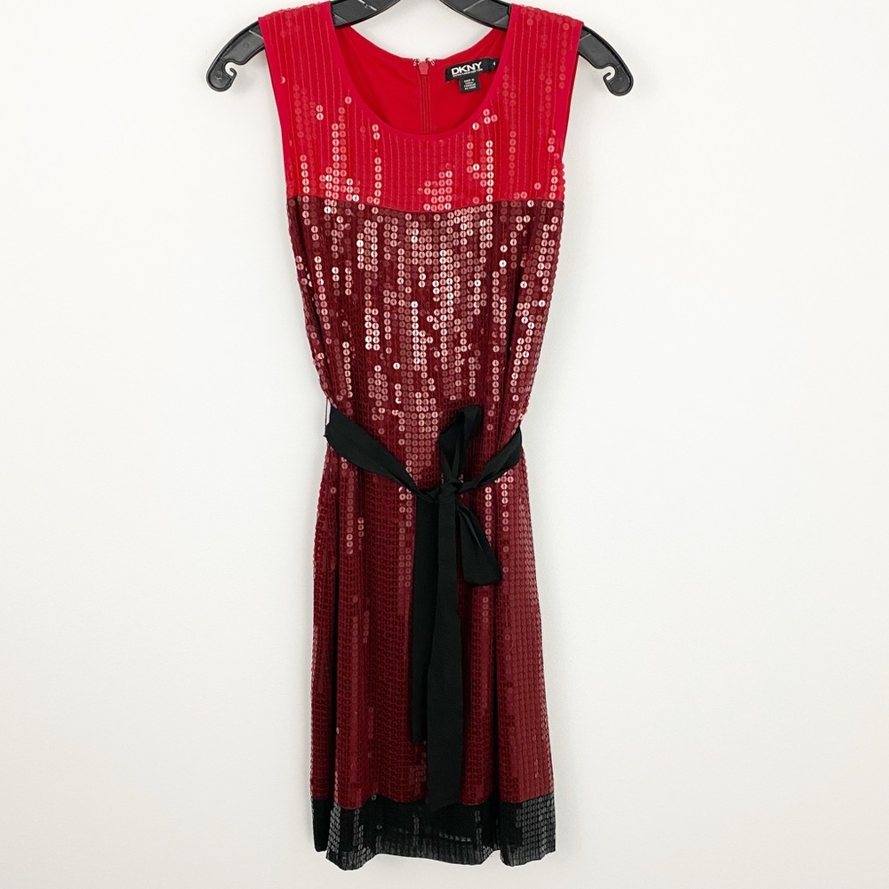 DKNY size 4 ❤️ Red & Maroon Sequin Shift Sleeveless Silk Mini Dress Vday💘
